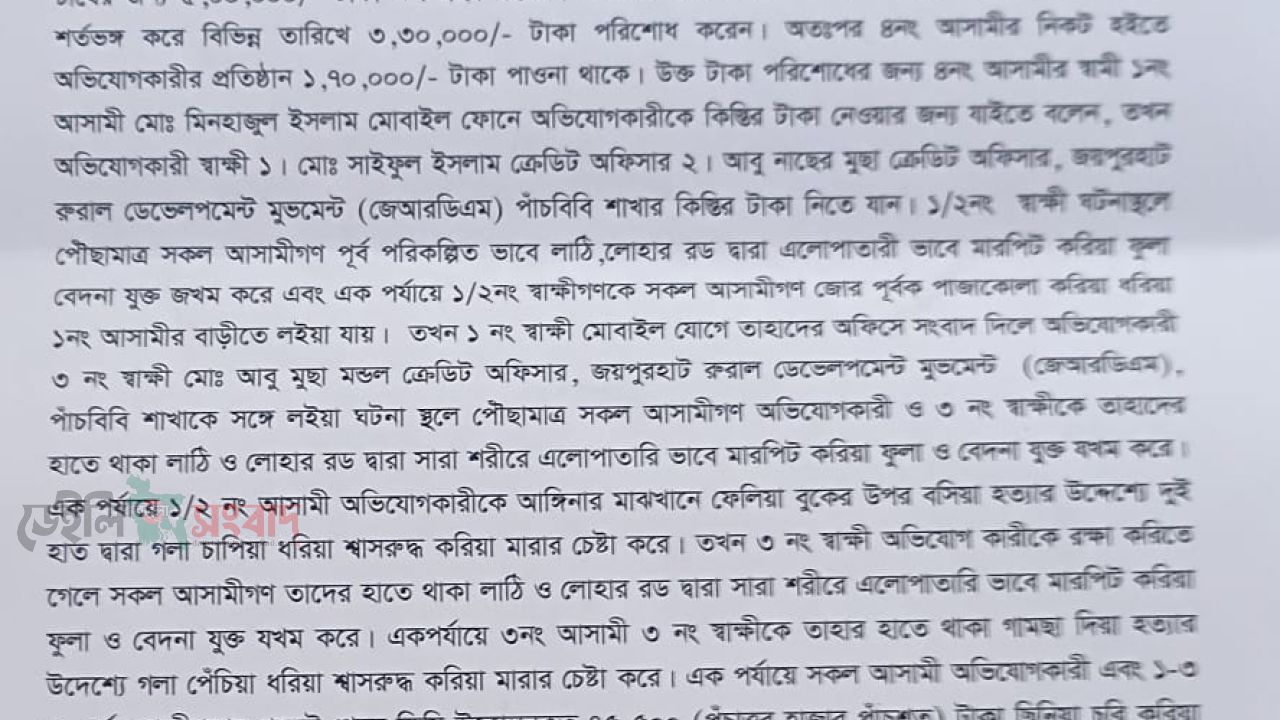 পাঁচবিবিতে কিস্তি আদায়কে কেন্দ্র করে ব্যবস্হাপক সহ ৬ এনজিও কর্মীকে আটকে রেখে নির্যাতন 