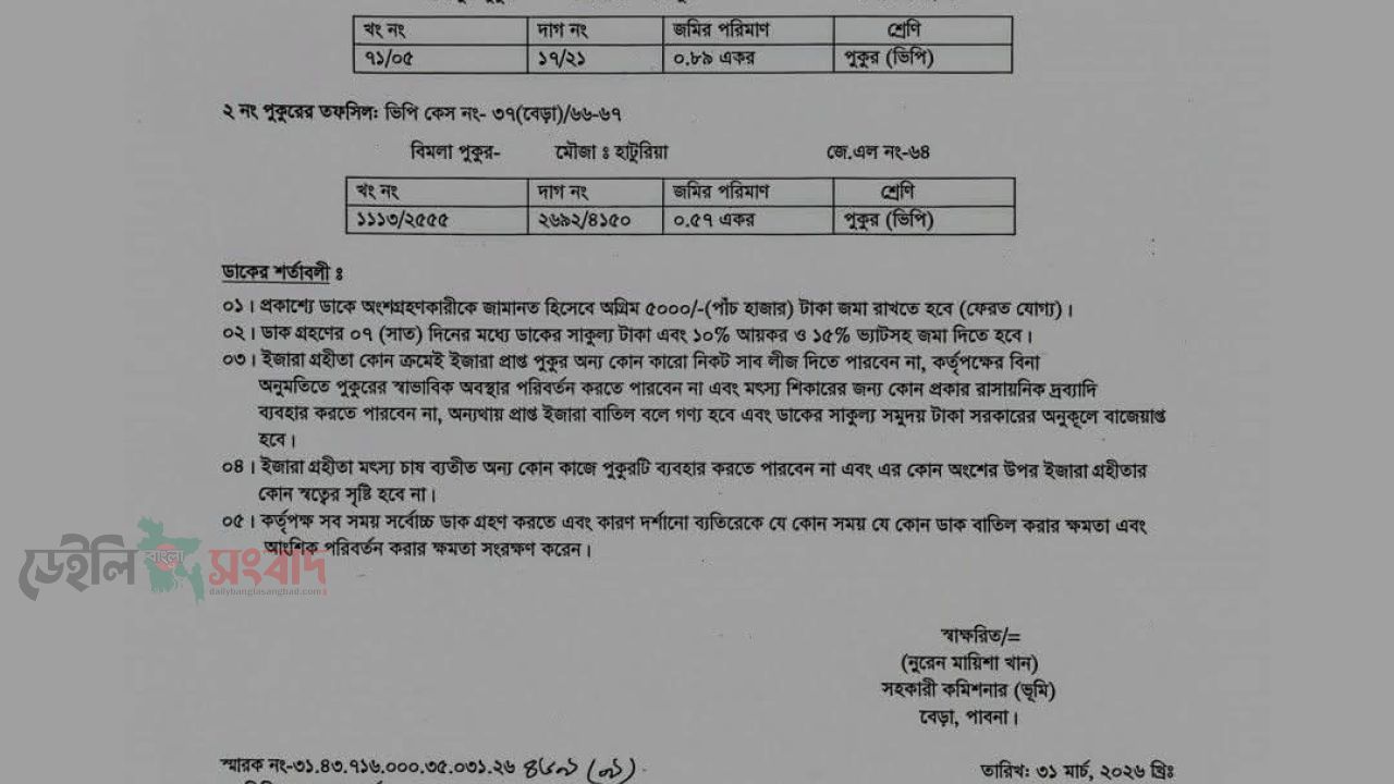 বেড়ায় দুটি বড় পুকুর তিন বছরের জন্য উন্মুক্ত নিলামে ইজারা দেওয়ার উদ্যোগ নিয়েছে উপজেলা প্রশাসনের;