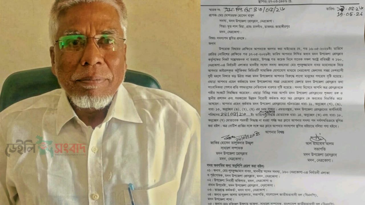 মদন উপজেলা প্রেসক্লাবের সদস্য মোশাররফ হোসেন বাবুলের সদস্যপদ স্থগিত