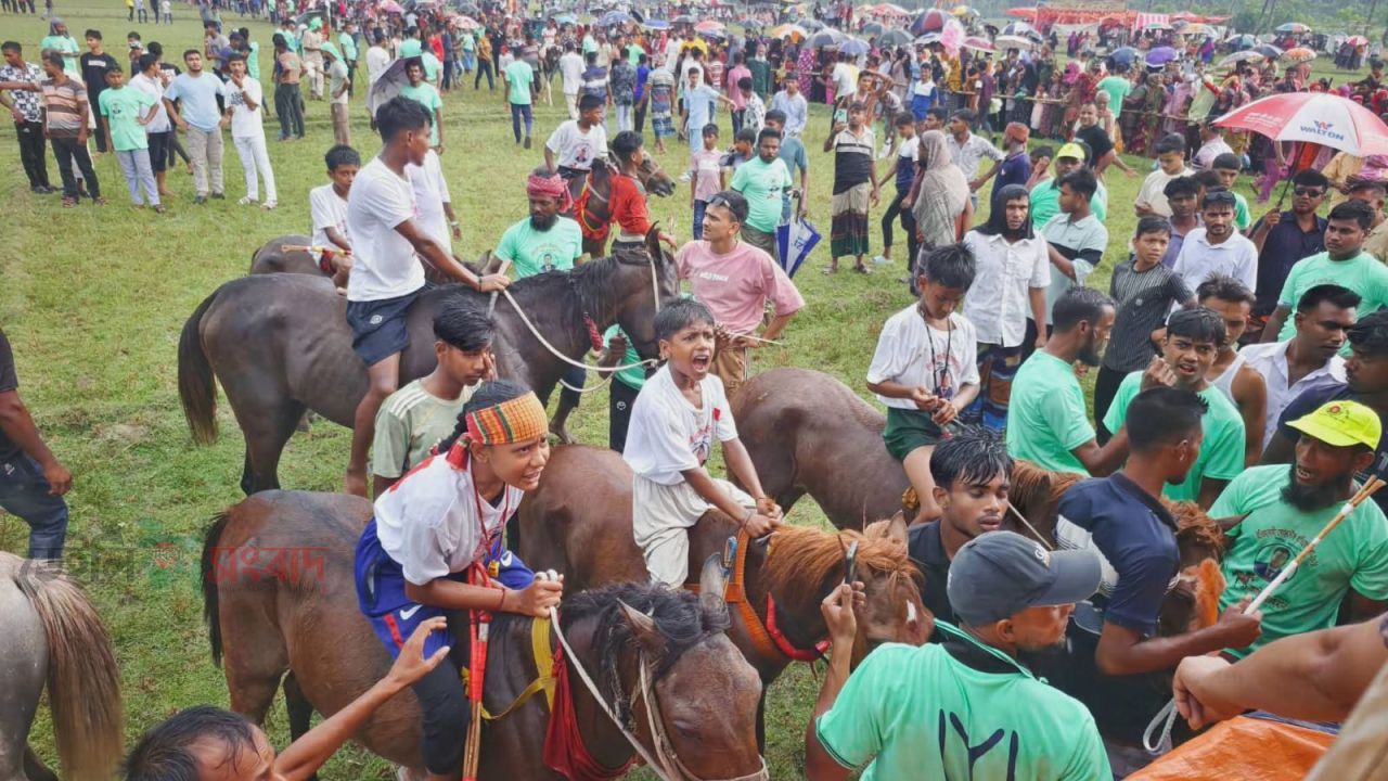 কর্দমাক্ত মাঠেও দর্শকদের ঢল, মণিরামপুরে জমজমাট ঘোড়দৌড়!   ‎