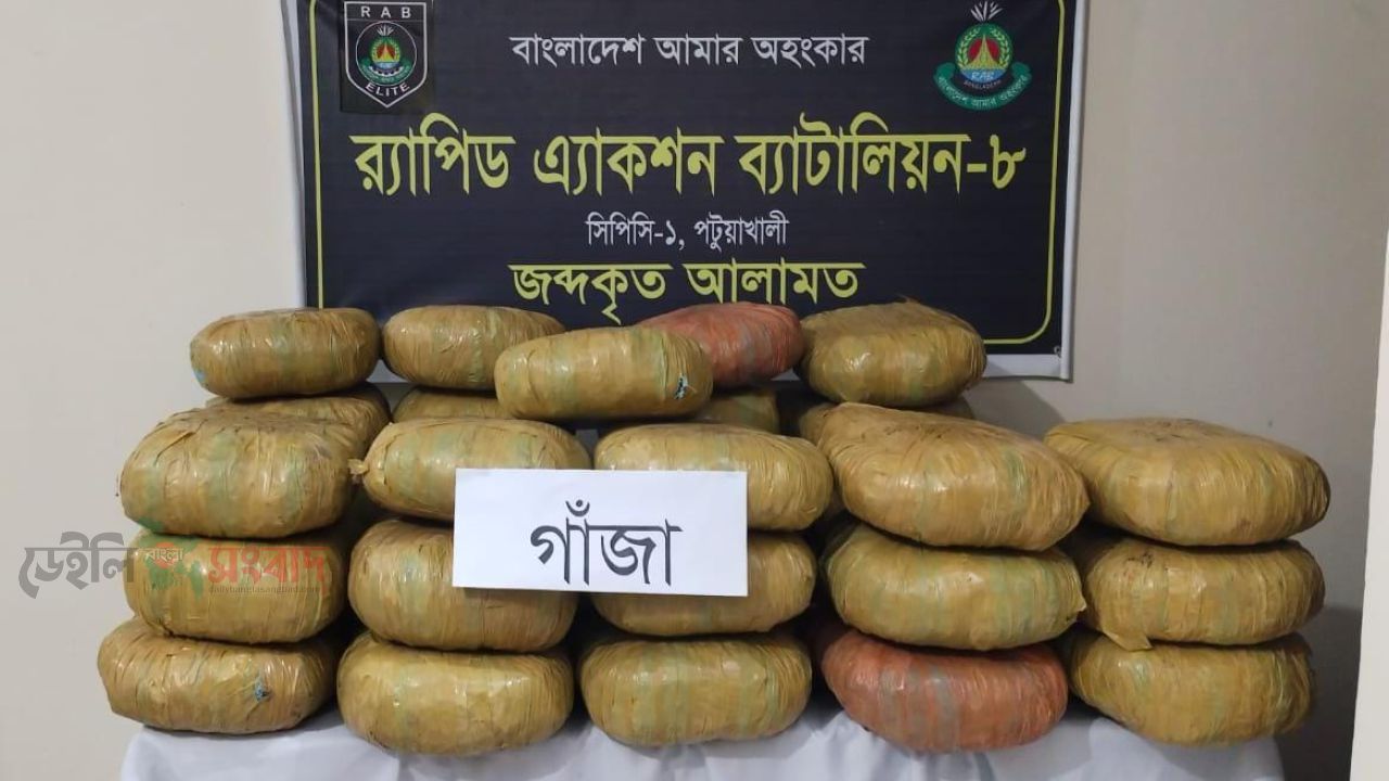 পটুয়াখালীর দুমকি হতে র‍্যাব-৮ কর্তৃক ৬৬ কেজি গাঁজা উদ্ধার
