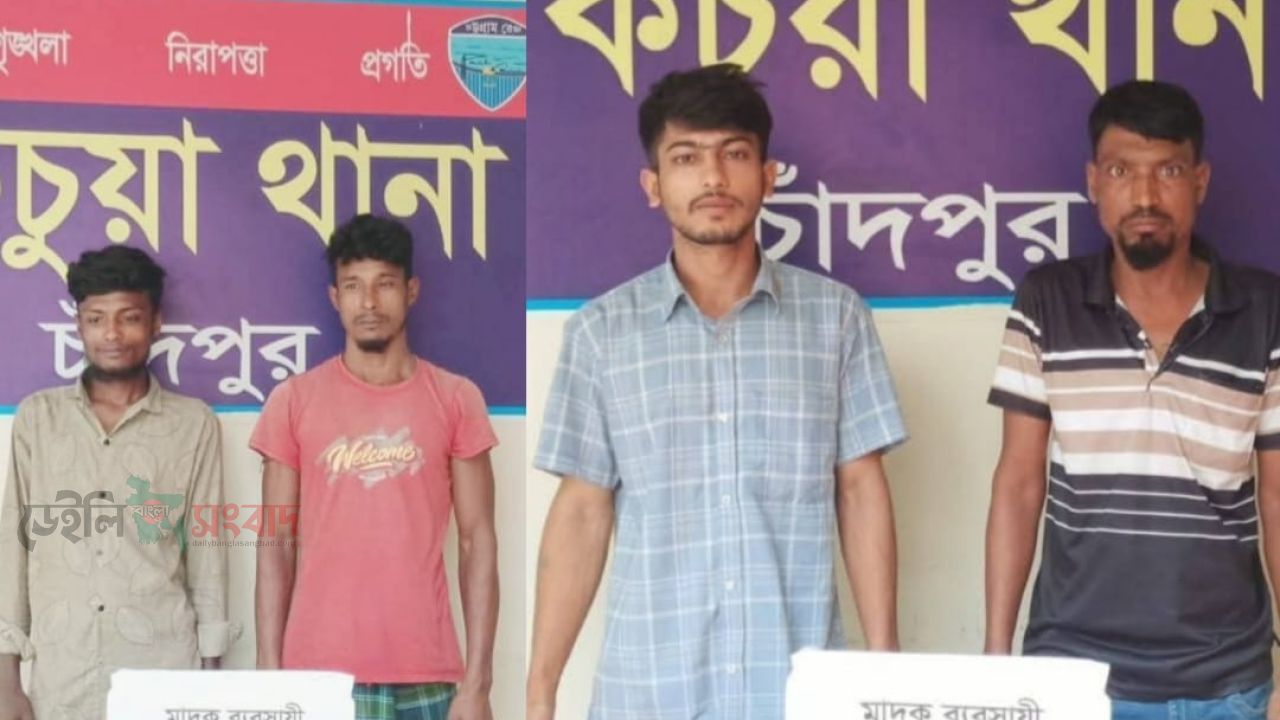 কচুয়া থানা পুলিশের অভিযানে ১০০ গ্রাম গাঁজা ও ১১ পিস ইয়াবাসহ ৪ মাদক ব্যবসায়ী আটক