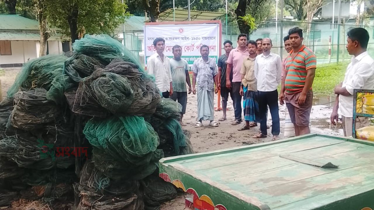 পীরগঞ্জে বিভিন্ন জলাশয় থেকে চায়না দুয়ারী ও কারেন্ট জাল জব্দ। 