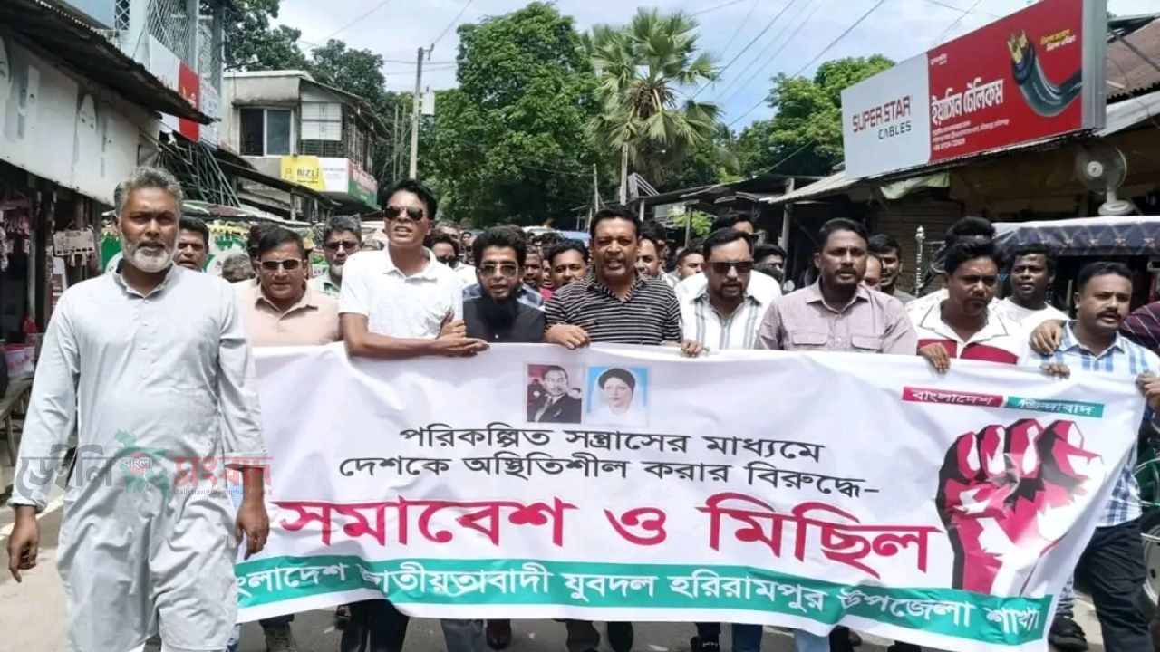 পরিকল্পিত সন্ত্রাসের বিরুদ্ধে হরিরামপুরে যুবদলের মিছিল ও সমাবেশ।
