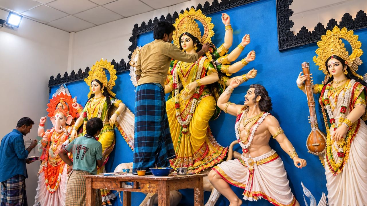 মানিকগঞ্জে দুর্গাপূজার প্রস্তুতি শেষ পর্যায়ে, প্রতিমা সাজাতে ব্যস্ত কারিগররা।