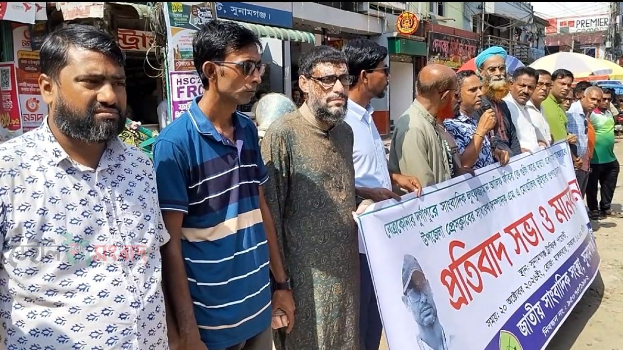 নেএকোণায় সাংবাদিক আলিফ হত্যার প্রতিবাদে সুনামগঞ্জে জাতীয় সাংবাদিক সংস্থার মানববন্ধন